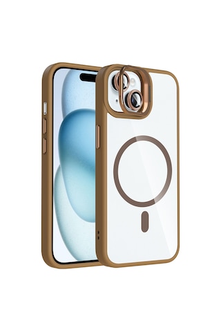 iPhone Uyumlu 15 Kılıf Standlı + Kamera Lens Koruma Setli M-safe Şarj Özellikli Mkst Etro Kapak Desert Titanyum Desert Titanyum