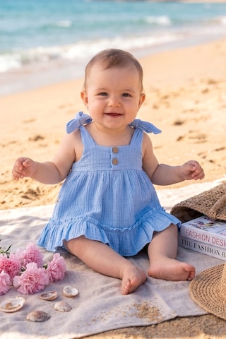 Babymod Müslin 100% Pamuk Askılı Yazlık Kız Bebek Elbise Mavi