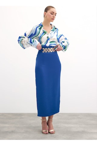 Sateen Gold Aksesuarlı Uzun Etek - Saks Mavi-135888 Saks Mavi