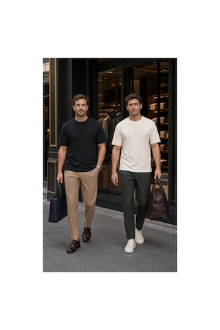 Modi Green Premium Oysho Model 2'li Unisex Regular Oversize Sıfır Yaka Tişört - Siyah - Ekru