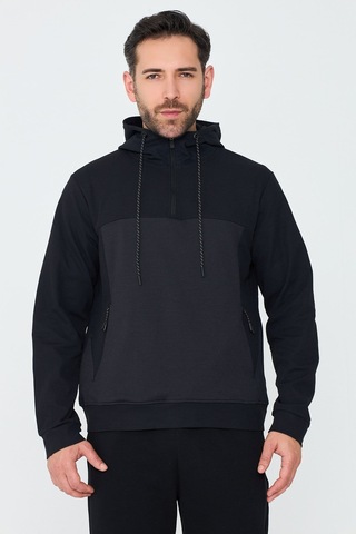 White Stone Siyah Kapüşonlu Yarım Fermuarlı Yandan Cepli Erkek Sweatshirt
