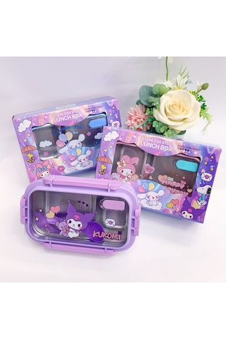 Kuromi Paslanmaz Çelik Bölmeli Çocuk Yemek Seti - Sızdırmaz Mor