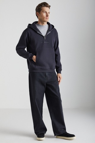 Grimelange Pavle Erkek Kapüşonlu Kanguru Cepli Fermuar Yakalı Siyah Sweatshirt