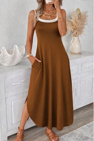 Alyn Wear Kadın Ip Askılı Yuvarlak Yakalı Cepli Uzun Viskon Elbise Kahverengi