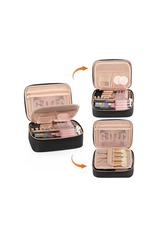 Makyaj Çantası, Sevimli Makyaj Düzenleyici Çanta Taşınabilir Makyaj Çantası Kozmetik Tuvalet Aksesuarları Bölücü Ve Fırça Bölmeleri, Makyaj Seyahat Çantası Kozmetik Çantaları Kadın Ve Kızlar-siyah Altın