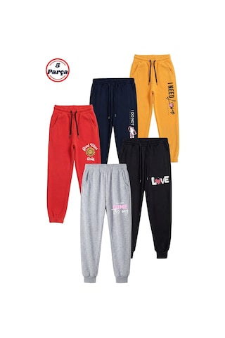 Fyk Kids 5'li Baskı Detaylı Paçası Lastikli Jogger Kız Çocuk Eşofman Altı Sarı - Lacivert - Kırmızı - Siyah - Gri