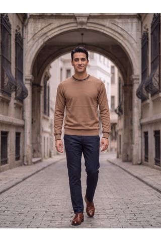 Maccali Erkek Camel Kontrast Şeritli Bisiklet Yaka Triko Sweatshirt