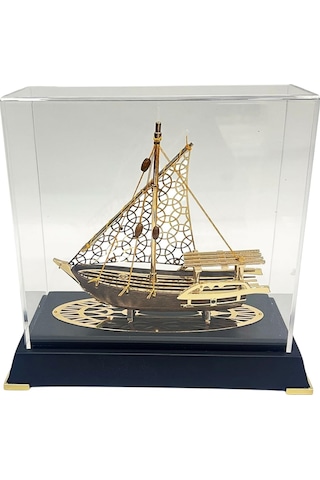 Pirinç Yelkenli Gemi Altın Kaplama Katar Dhow Teknesi Deri Kutulu 23cm No.2