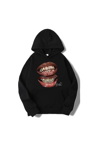 Brz Collection Unisex Oversize Be Real No Cap Grillz Tee Hoodie Siyah Siyah