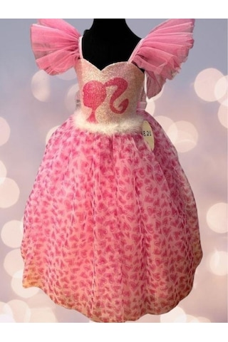Kız Çocuk Tarlatanlı Barbie Abiye Elbise-13693 Pembe