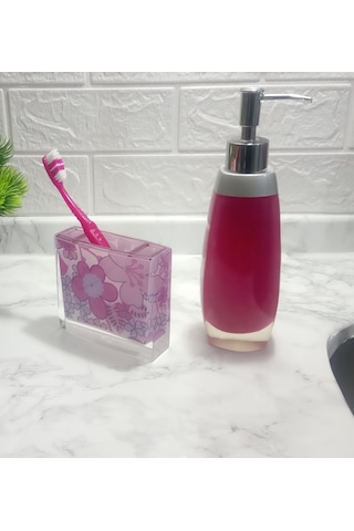 SIVI SABUNLUK,DİŞ FIRÇALIK 2 Lİ BANYO SETİ,GRİ PEMBE VE ÇİÇEKLİ Gri - Pembe