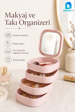 Aynalı 4 Katlı Kare Makyaj Ve Kozmetik Organizer Banyo Dolap Düzenleyici Pembe