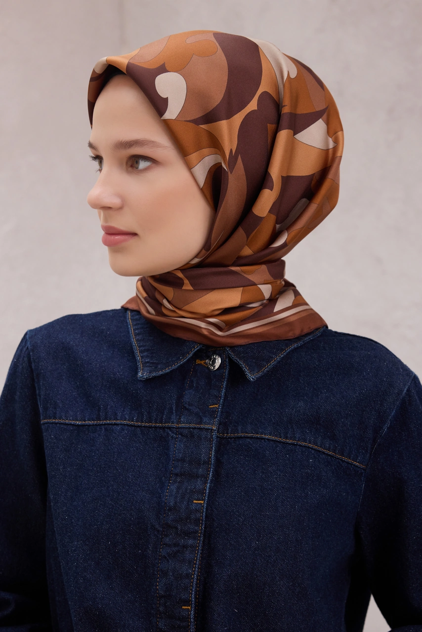 BELLİ Geometrik Desen İpek Twill Eşarp 4213d01 Kahverengi