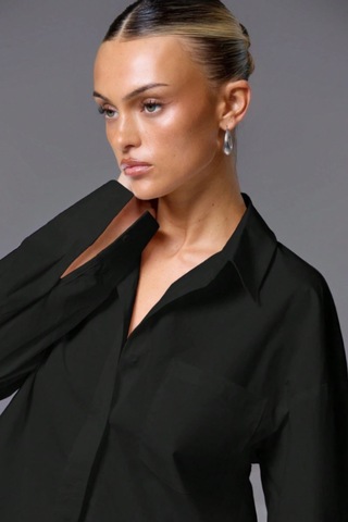 Tarz Cool Kadın Oversize Gömlek Uzun Kollu Basic Salaş Kesim Poplin Trend Şık Günlük Gömlek Siyah