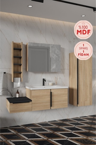 Zakkum 120 Cm %100 Mdf Lavabolu Banyo Dolabı Dolaplı Aynalı Üst Dolap Boy Dolabı Havluluk Lefkas Meşe