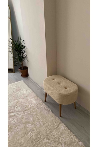 Gürgen Ahşap Ayak Welsoft Kumaş Oval Pufidik Puf Bench Tabure Sandalye Krem