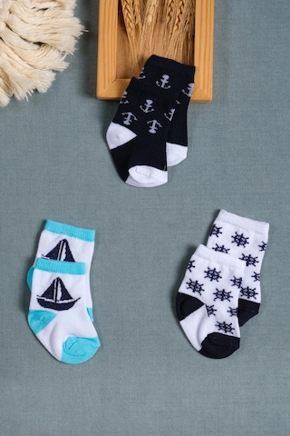 Cocole Socks Erkek Çocuk Soket Çorabı 3 Lü Set Pamuklu Dümen & Yelkenli & Çapa Desenli Çok Renkli