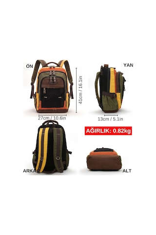 4022 Haki Krem Sarı Vintage Sırt Çantası, 15.6 Inç Bilgisayar Bölmeli, Geniş Hacimli Hakiki Deri Detaylı Pamuklu Okul Ve Siyah Yeşil Kırmızı