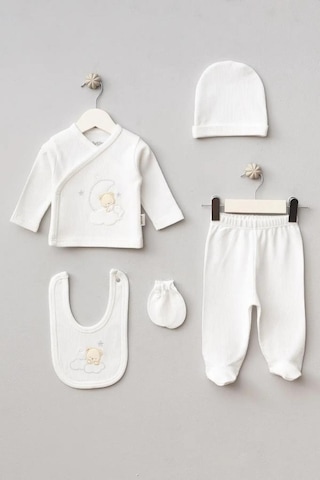 Bebitof %100 Pamuk Sweet Dreams Desenli Bebitof 5 Parça Yenidoğan Hastane Çıkışı Zıbın Seti Bbtf.ekr.20107 Ekru