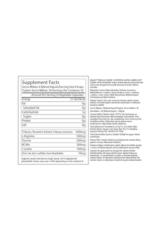 Tribulus Grow T.booster Terrestris Arginine Taurine Zinc Amino Asit 120 Kapsül Aromasız