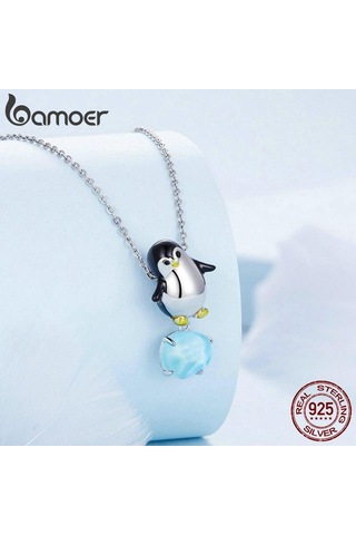 Bamoer 925 Ayar Gümüş Emaye Penguen Boncuk Mavi Kristal Takılar Kadınlar İçin Orijinal Bilezik Bileklik Ve Kolye Gümüş