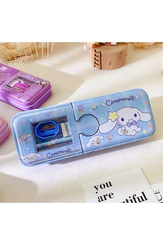 Kawaii Sanrio Kuromi Metal Kalem Kutusu Kırtasiye Seti Cinnamoroll Kuromi Kalemlik Hediye Seti Mavi