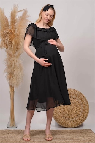 Kadın Kuşaklı Şifon Hamile Elbisesi Dphml8060 Siyah
