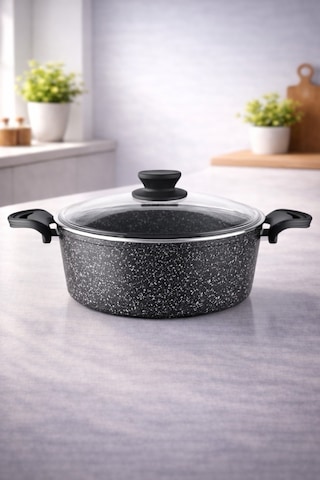 Diez 24 cm Granit Derin Tencere Siyah Cam Kapaklı Yapışmaz