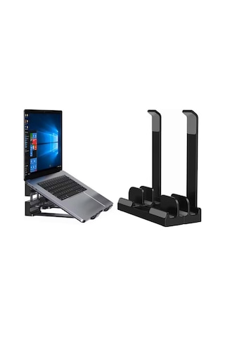 Mcstorey Laptop Stand Dikey Ve Eğimli 3 Slotlu Ayarlanabilir Masaüstü Organizer Telefon Tablet Uyumlu Kaymaz Silikon Pedli Ergonomik Masa Düzenleyici Pvc Tpu Alaşım Siyah