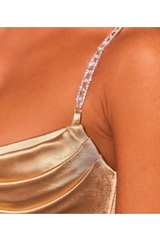 Fashion Cocktail Likralı Ince Saten Parıltı Askılı Diz Hizası Dar Abiye Düğün Kokteyl Elbise Krem Bej