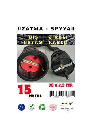 15 Metre Dış Ortam Spiral Zırhlı Uzatma Kablosu - G3x2.5 Kablo Kesiti 15 Metre