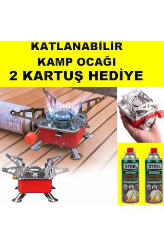 Portatif Mini Kamp Ocağı Katlanır Ayaklı Kendinden Çakmaklı Kartuş Gaz Uyumlu Outdoor Kamp Ocağı 2 Kartuş Hediyeli Kırmızı