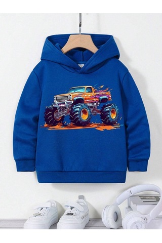 Çocuk Sax Mavisi Car Baskı Kapüşonlu Sweatshirt Sax