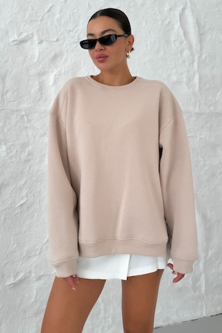 Modagen Kadın Bej Bisiklet Yaka Yanı Yarım Fermuar Detaylı Sweatshirt Bej