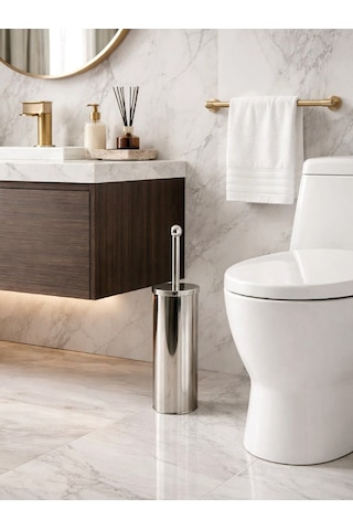 Paslanmaz Çelik Silindir Tuvalet Fırçası Kapalı Hazneli, Modern Wc Fırçası Seti Vıchy-7046 Gümüş