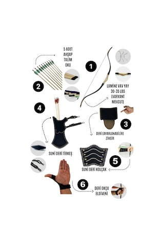 Geleneksel Okçuluk Lamine 'vav' Set- Vav Yay + 5 Ok + Zihgir + Tirkeş + Kolçak + Eldiven