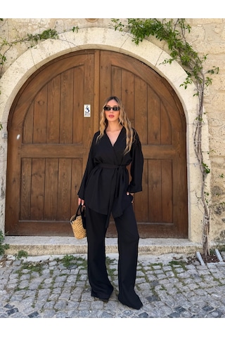Laluvia Siyah Tek Düğmeli Kuşaklı Kimono Takım - 007
