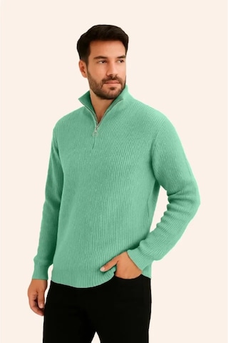Butik İstanbul Erkek Fitilli Triko Kazak 2'li Set Kalın Dokuma Pamuklu Regular Fit V Yaka Fermuarlı Uzun Kollu Rahat Kışlık Kazak Kombini Mint Yeşili - Siyah