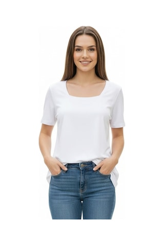Lyvean Kare Yaka Oversıze Kısa Kollu Tshirt Beyaz
