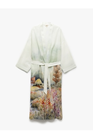 Koton Viskon - Pamuk Kumaş Kuşak Detaylı Desenli Uzun Kimono Yeşil Desenli 5sak50037uw Yeşil Desenli Yeşil