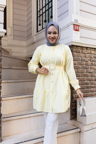Hb Harma Time Butik Kadın Düğmeli Kemer Detaylı Sarı Gömlek bej