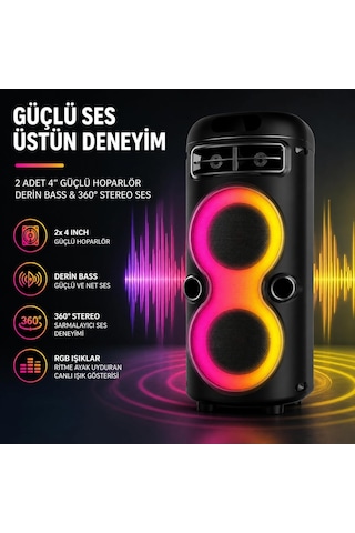 Büyük Boy Şarjlı Rgb Işıklı Hoparlör, 2 Adet 4 Inch Bass Destekli 360 Stereo 3600 Mah Şarjlı Bluetooth Tws U