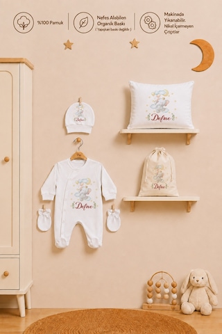 Pia Baby Kız Bebek Hastane Çıkışı İsimli Tulum Takımı Yastık Kılıfı Şapka Eldiven Kıyafet Kesesi Bebek Hediyesi 2043ytkyx Krem