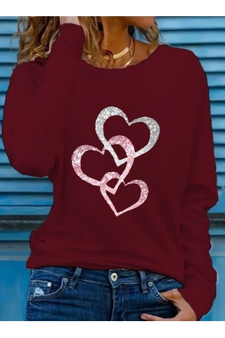 Kadın Uzun Kollu Bisiklet Yaka Çiçek Desenli Viskon Bluz Bordo