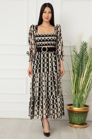 Kalopya Bayan Göğüs Büzgülü Şifon Elbise 9027 Ekru