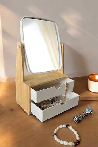 İronika Bambu 2 Çekmeceli Aynalı Makyaj Organizeri Saat Kolye Yüz