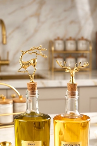 Figürlü Gold Lüks Metal Geyik Başlı Mantar Tıpa 2'li Set - Şişe Tıpası Yağdanlık Ve Sunum Aksesuarı