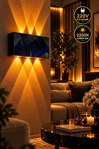 Siyah Mavi Altın Desenli 12w 2200k Amber Işıklı 3 Gözlü Yukarı Aşağı Dekoratif Duvar Apliği 16 Cm Amber Işık
