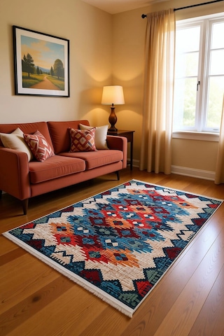 Blghome Kilim Desen Modern Halı Dekoratif Kilim Bej - Mavi