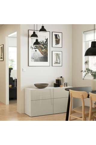Dolap Kombinasyonu, Beyaz-parlak Cila-bej, 120x42x65 Cm, Selsvıken, Çıt Çıt Raylı Beyaz